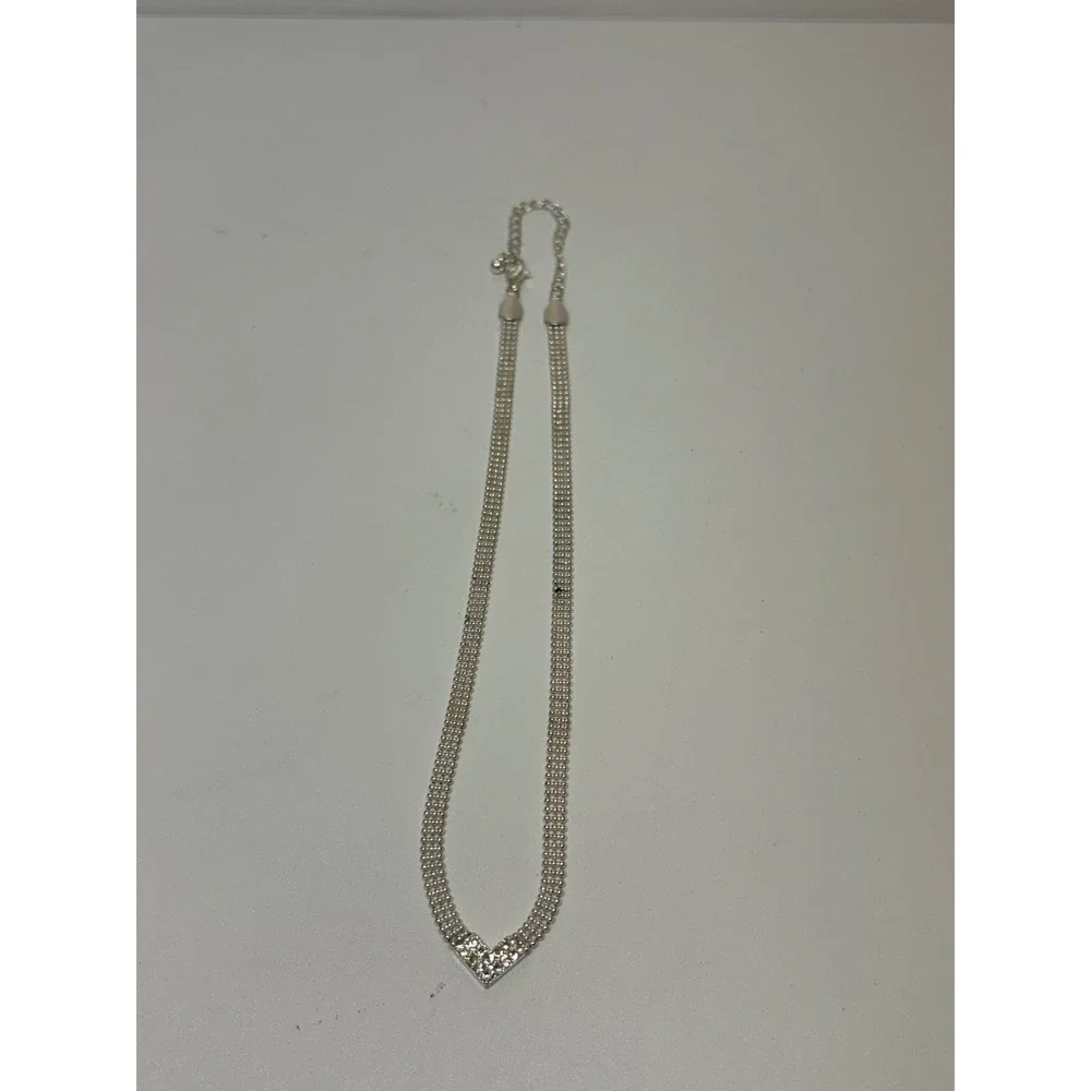 Silver Tone Triple Row Beaded Chevron Rhinestone V Collar Necklace
